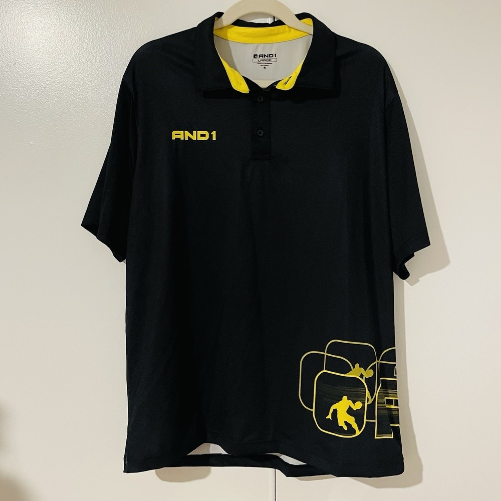 AND1‎ Wrap Around 1  Basketball Polo Shirt Large Yellow and Black Logo - Picture 2 of 10